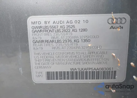 2010 Audi Q5 3.2 Premium from USA, damaged, VIN WA1LKAFP5AA083061